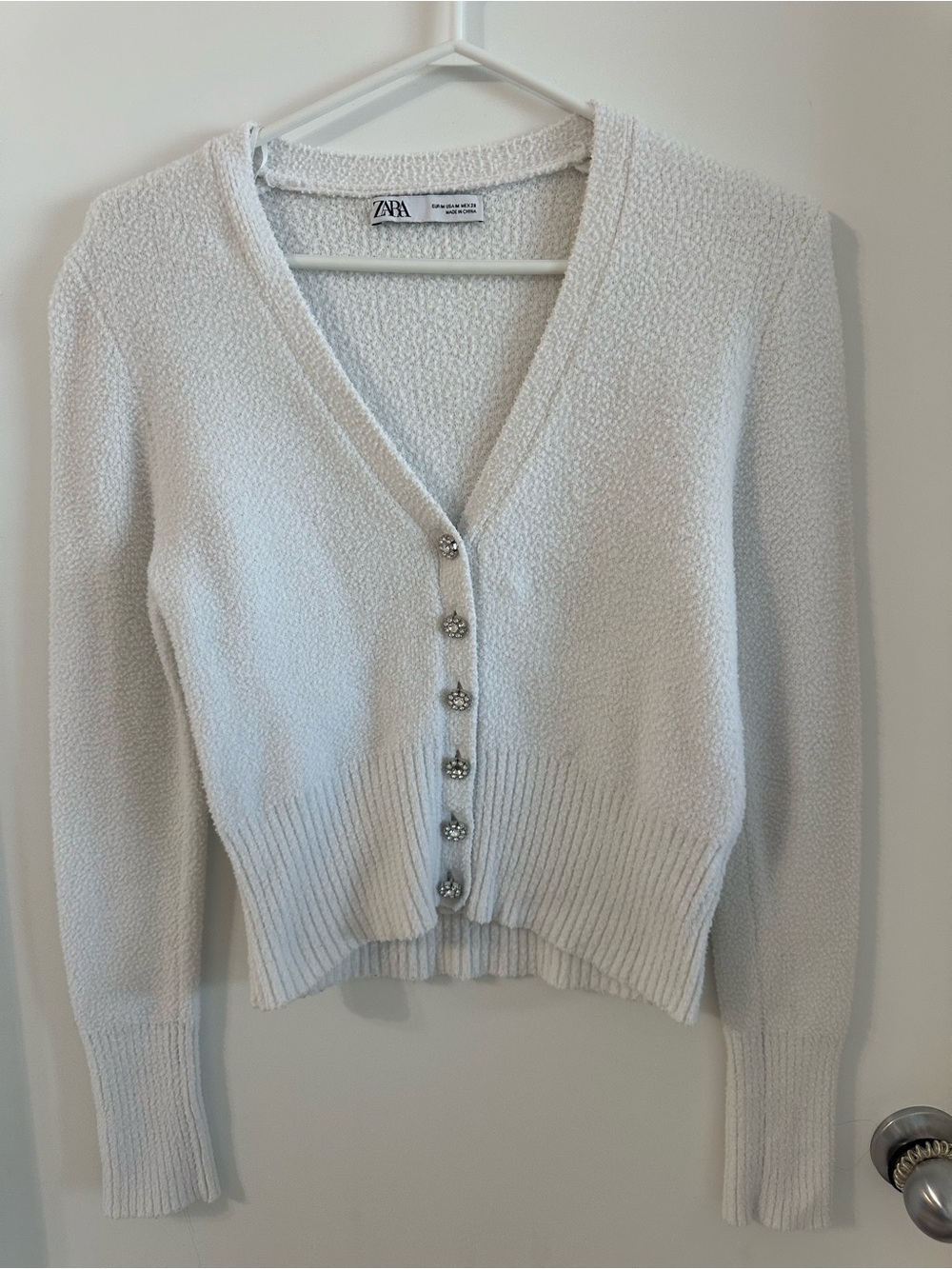 Zara V-Neck Button Up Cardigan with Jewel Buttons, size medium